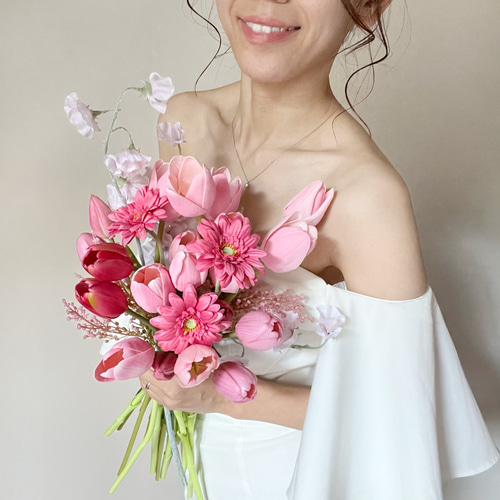 即納】チューリップとガーベラのブーケ ブーケ ブートニア付き ピンク  