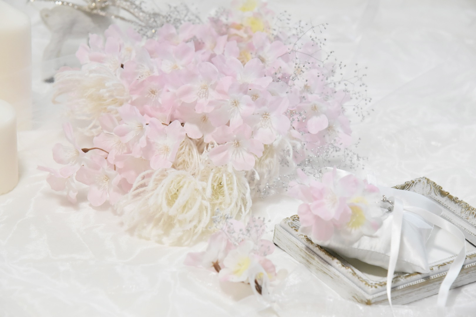 【送料無料/３点SET】ブーケ/ブートニア/リングピロー「桜の咲く頃に」