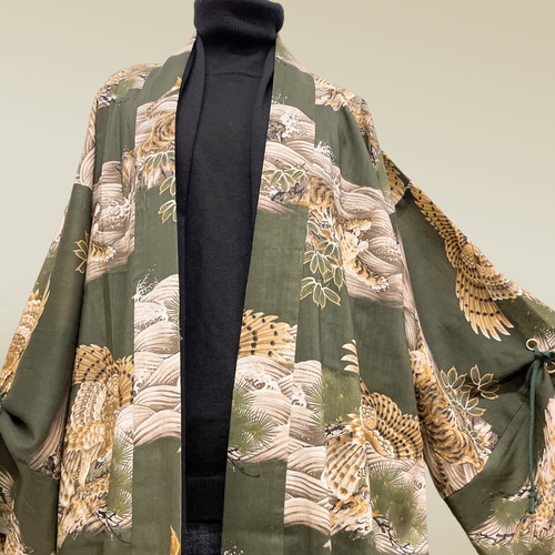 ヴィンテージ ノーカラージャケット 羽織りガウン アート柄 マルチ