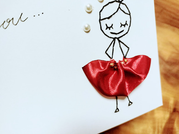 【特別価格！】紙刺繍メッセージカード(Thank you　リボンスカート) 2枚目の画像