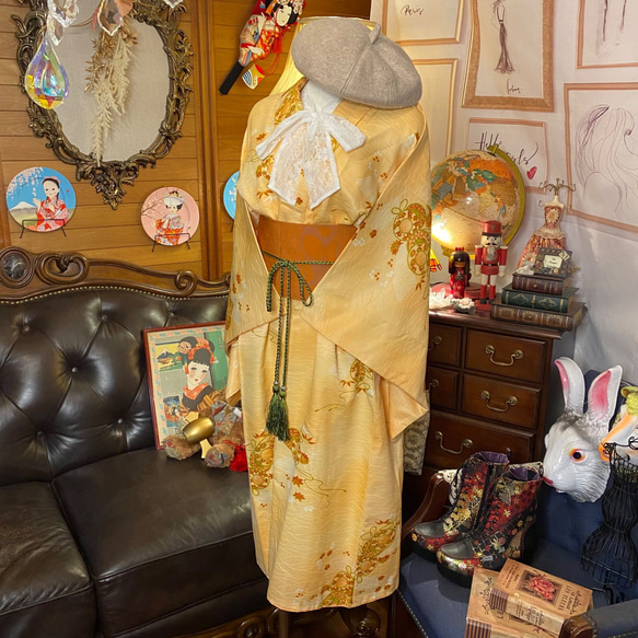 和洋折衷 古着 洗える 化繊 着物 和 ハンドメイド リメイク ワンピース ドレス 帯サッシュベルト KW-217 5枚目の画像