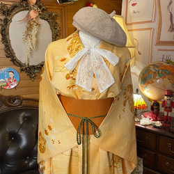 和洋折衷 古着 洗える 化繊 着物 和 ハンドメイド リメイク ワンピース ドレス 帯サッシュベルト KW-217 2枚目の画像