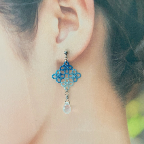 スクエア ブルーグラデーション タティングレースピアス イヤリング  