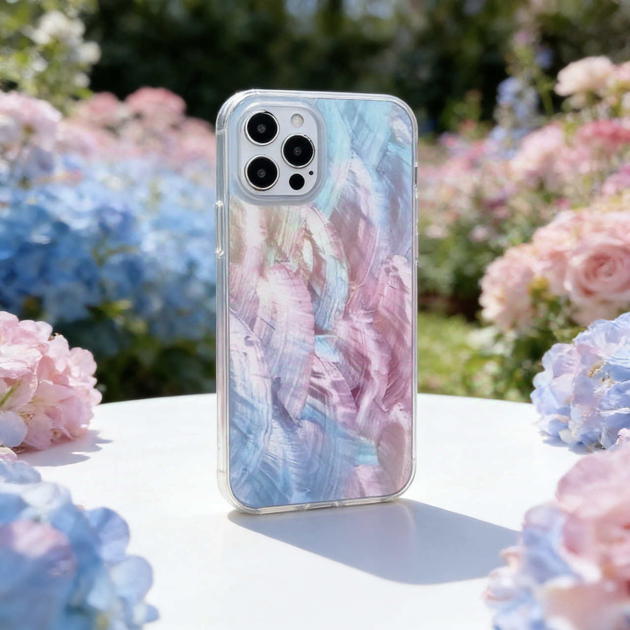 iPhone 17 16 15 14 ケース 螺鈿風 天然貝シェル 紫陽花 全機種対応 ソフト 耐衝撃カバー ケース