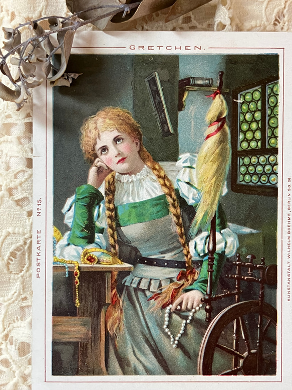 Sold！！糸車と金髪三つ編みの少女 アンティークポストカード 6枚目の画像