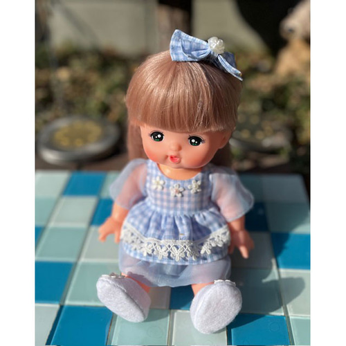 メルちゃん春色ワンピース 水色チェック生地＆シフォン おもちゃ