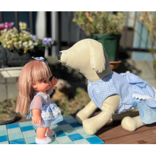 メルちゃんワンピースカジュアル メルちゃん春色ワンピース 水色チェック生地＆シフォン おもちゃ