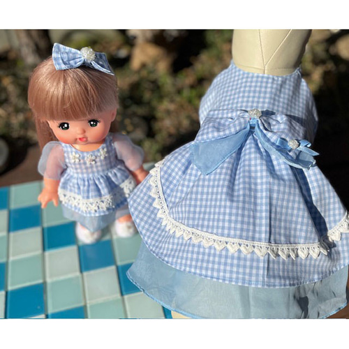 メルちゃん春色ワンピース 水色チェック生地＆シフォン おもちゃ