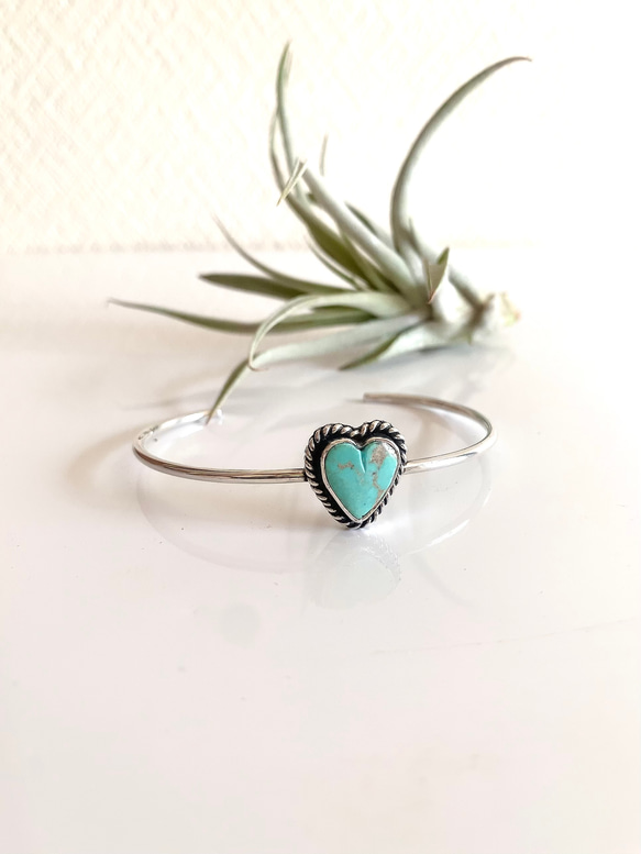 送料無料/Silver950 ロイストン•ターコイズ/シルバーバングル/ハート 3枚目の画像
