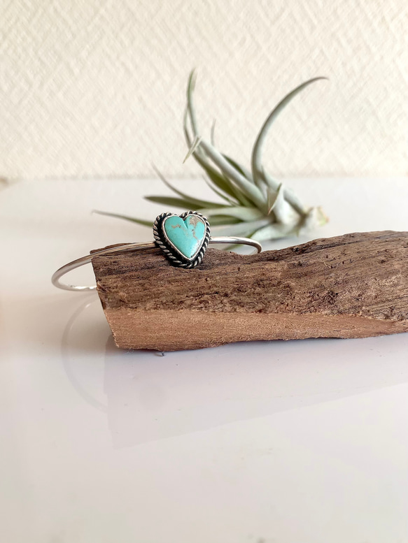 送料無料/Silver950 ロイストン•ターコイズ/シルバーバングル/ハート 2枚目の画像