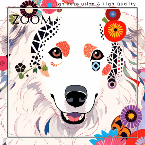 花とグレートピレニーズ犬の夢の世界 No.2】アートポスター 犬の絵 犬
