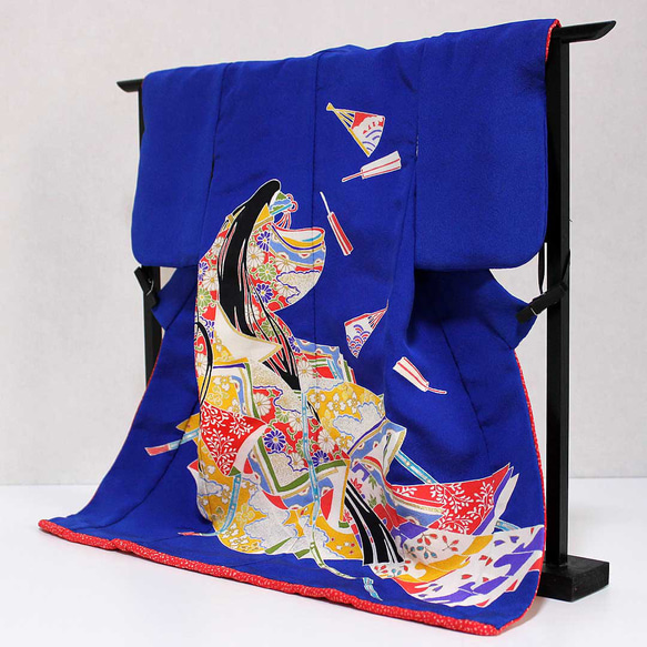 手描き京友禅のミニチュア着物姫（源氏絵）模様瑠璃色（絹100%） 4枚目の画像