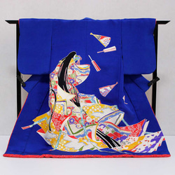 手描き京友禅のミニチュア着物姫（源氏絵）模様瑠璃色（絹100%） 1枚目の画像