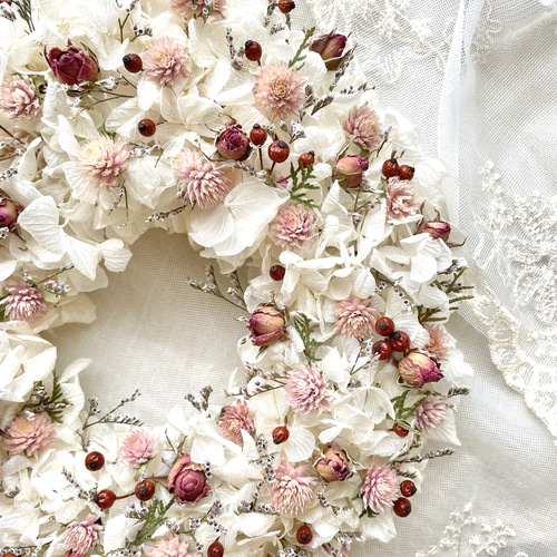 薔薇&いちごみるく＊ドライフラワーリース リース Rose grass 通販