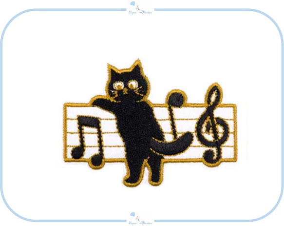 ES83 アップリケ 刺繍 黒猫 音符 デザイン ハンドメイド材料 インポート アイロン ワッペン 音楽 ペット 猫の日 1枚目の画像