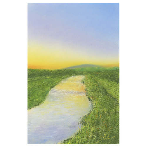 パステル画（原画）河のある風景。 パステル画（原画）河のある風景。
