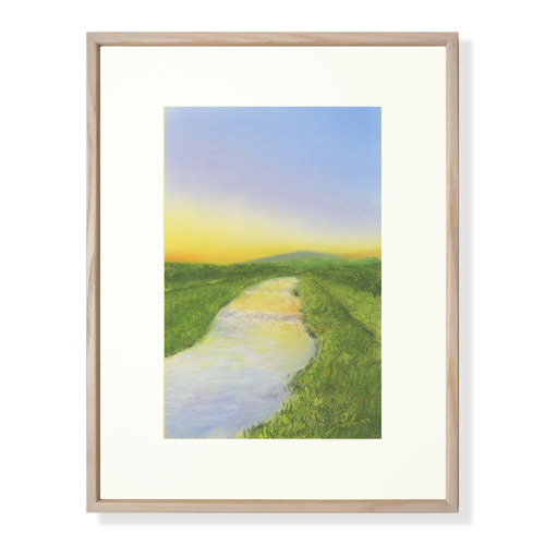 パステル画（原画）河のある風景。 パステル画（原画）河のある風景。