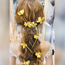 コーム＋ヘアピン6本セット 結婚式 花嫁 ブライダル ヘアアクセサリー ゴールド フラワー 髪飾り ウエディング 1枚目の画像