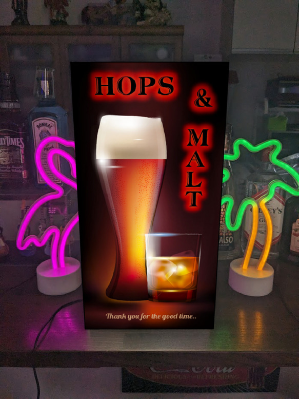 【Lサイズ】ホップス モルト ビール ウイスキー パブ スナック BAR 居酒屋 店舗 看板 置物 雑貨 ライトBOX 1枚目の画像