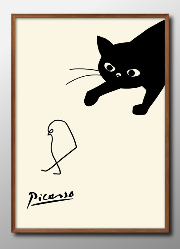 11797■アートポスター　絵画　A3サイズ『鳥　猫　ネコ』イラスト　デザイン　上級マット紙　北欧 1枚目の画像