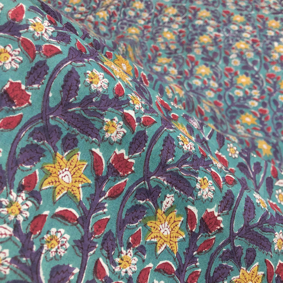 【50cm單位】孔雀藍黃紅花印度手工版畫布料棉質 第5張的照片