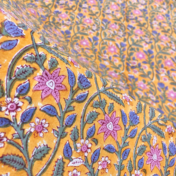 【50cm單位】橙粉色花朵印度手工塊印花布料棉質 第5張的照片