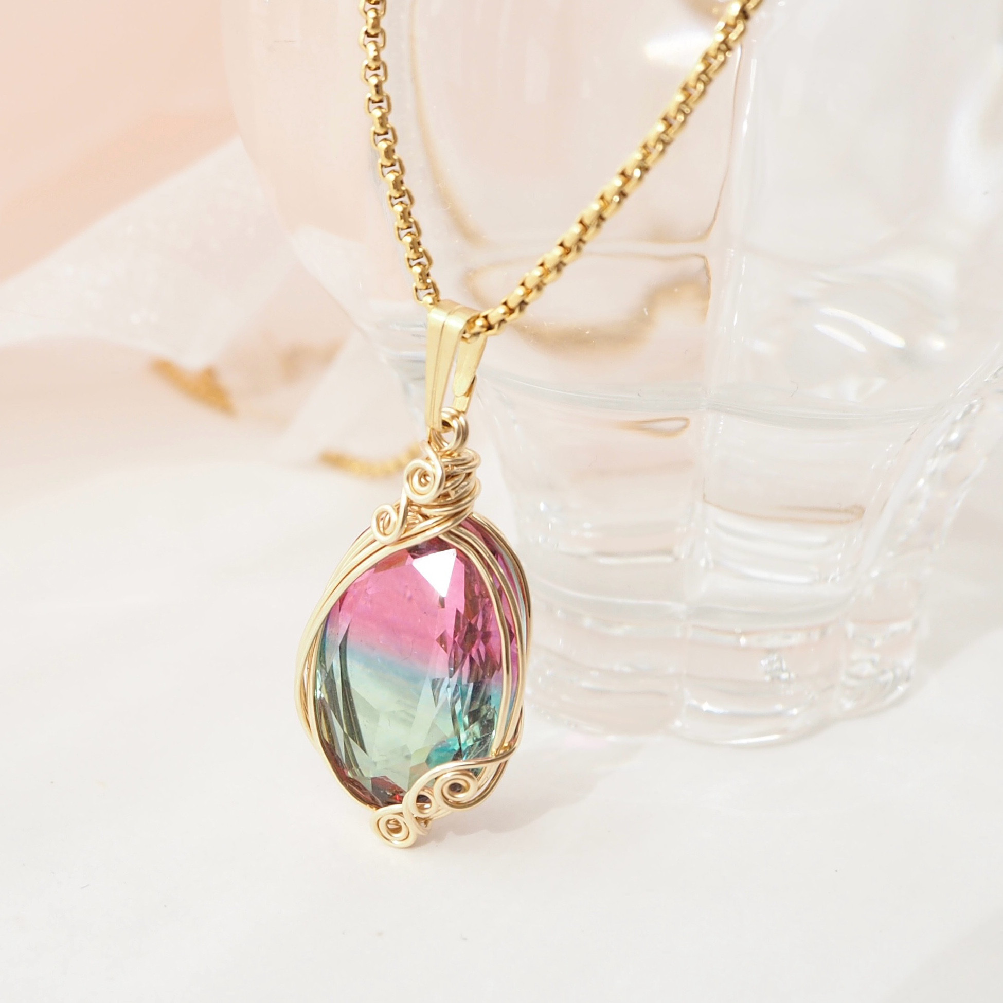 ヴィンテージ/Bi-colorグラスストーン ロングネックレス フカネ巻き ワイヤーラップ サージカルステンレス 50㎝