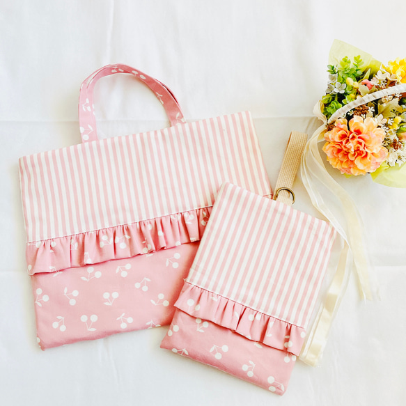 ハンドメイド♡さくらんぼシューズバッグ サイズ・持ち手が選べる！さくらんぼのシューズバッグ☆入園入学