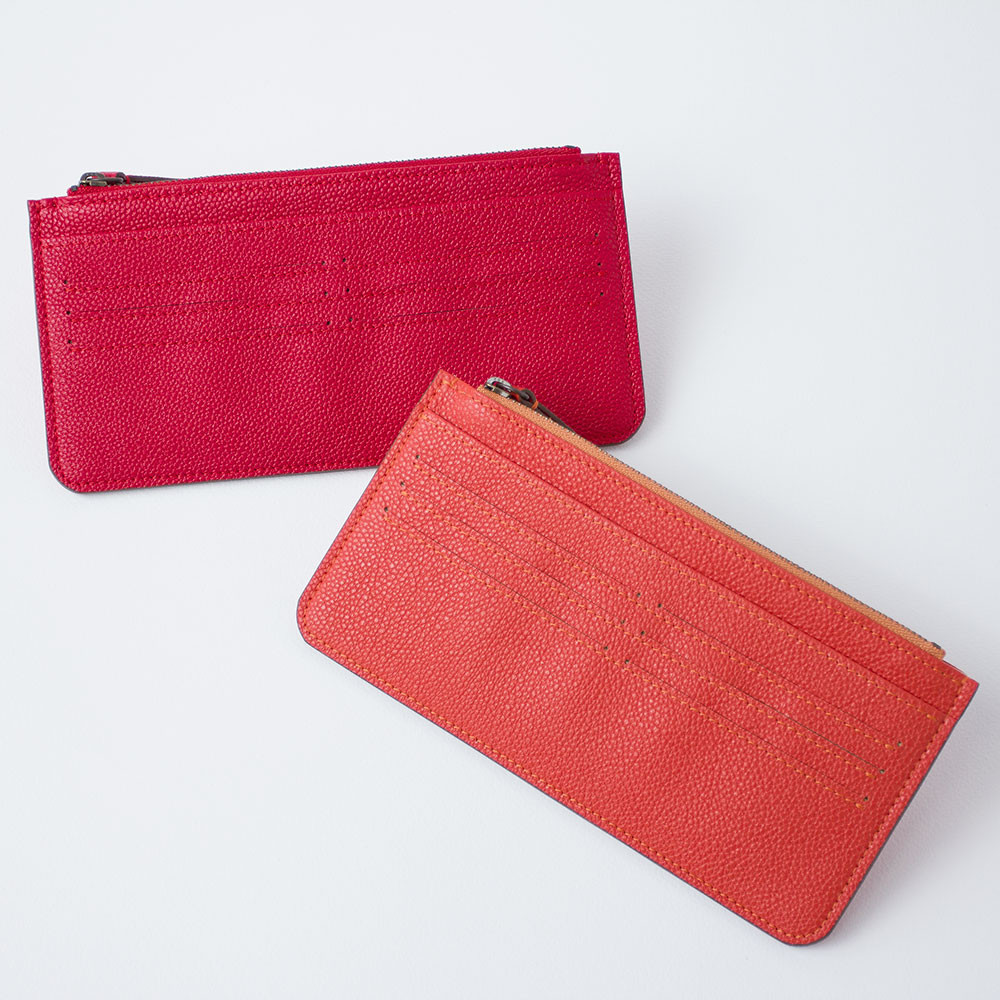 [送料無料]　<高級フランスカーフレザー>　スリムで使いやすいフラットウォレット　上質な長財布　レッド　オレンジ