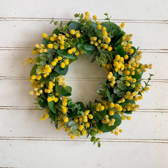 春を呼ぶミモザリース　桜色オーバルリース ミモザリースミモザユーカリリース春リース