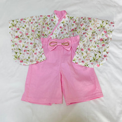 ベビー袴　ハンドメイド　ベビー着物　ピンク花柄　60 70 80サイズ 2枚目の画像
