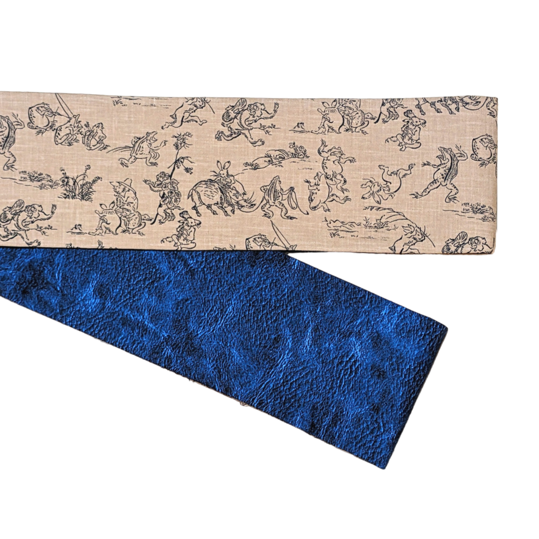 【半幅帯単品】4326木綿半幅帯　鳥獣戯画柄×和柄 　濃紺色 　リバーシブル 半幅帯単品】4326木綿半幅帯鳥獣戯画柄×和柄 濃紺色 リバーシブル