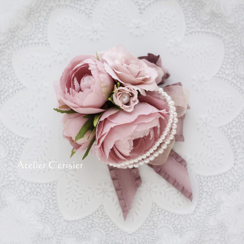 モーブピンク ローズ パール付 コサージュ 2WAY ダブルピン #88【卒業  