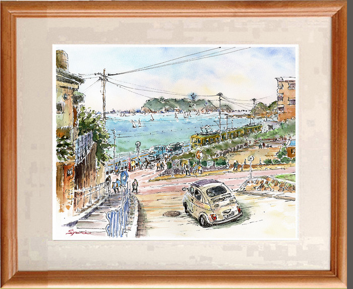 注文制作します 水彩画原画 江の島と鎌高前踏切風景 ＃623 絵画