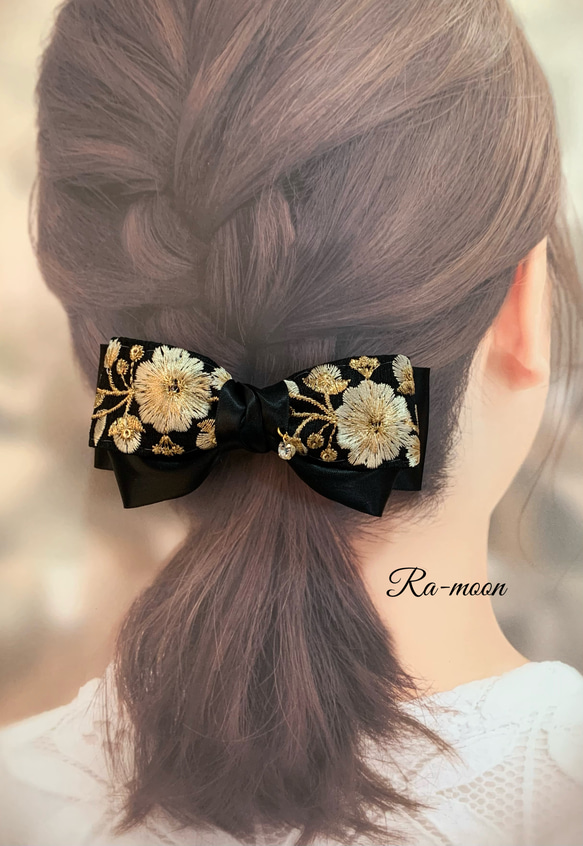 【超キュート♡CCロゴの刺繍入り】シルクリボンバレッタ ✳︎夜空に月✳︎刺繍リボンバレッタ バレッタ Ra-moon 通販