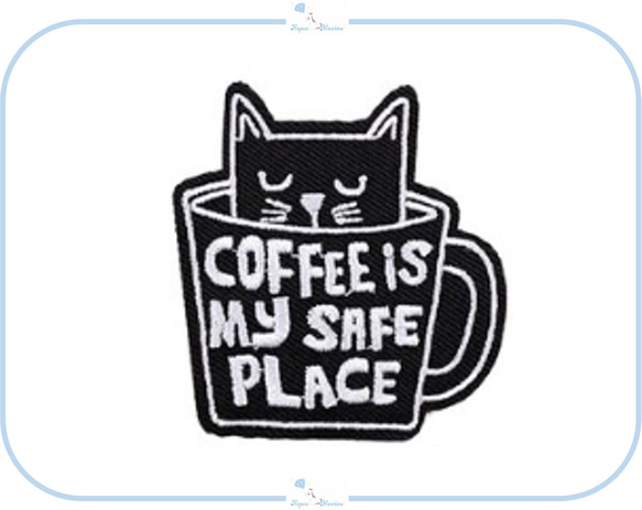 ES87 アップリケ 刺繍 ネコ coffee is my safe place デザイン ねこ 猫 コーヒー 珈琲 1枚目の画像