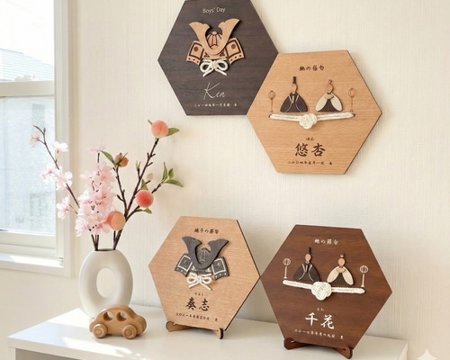 壁に貼っても置いても飾れる六角飾り 2色4種 ひなまつり ひな人形