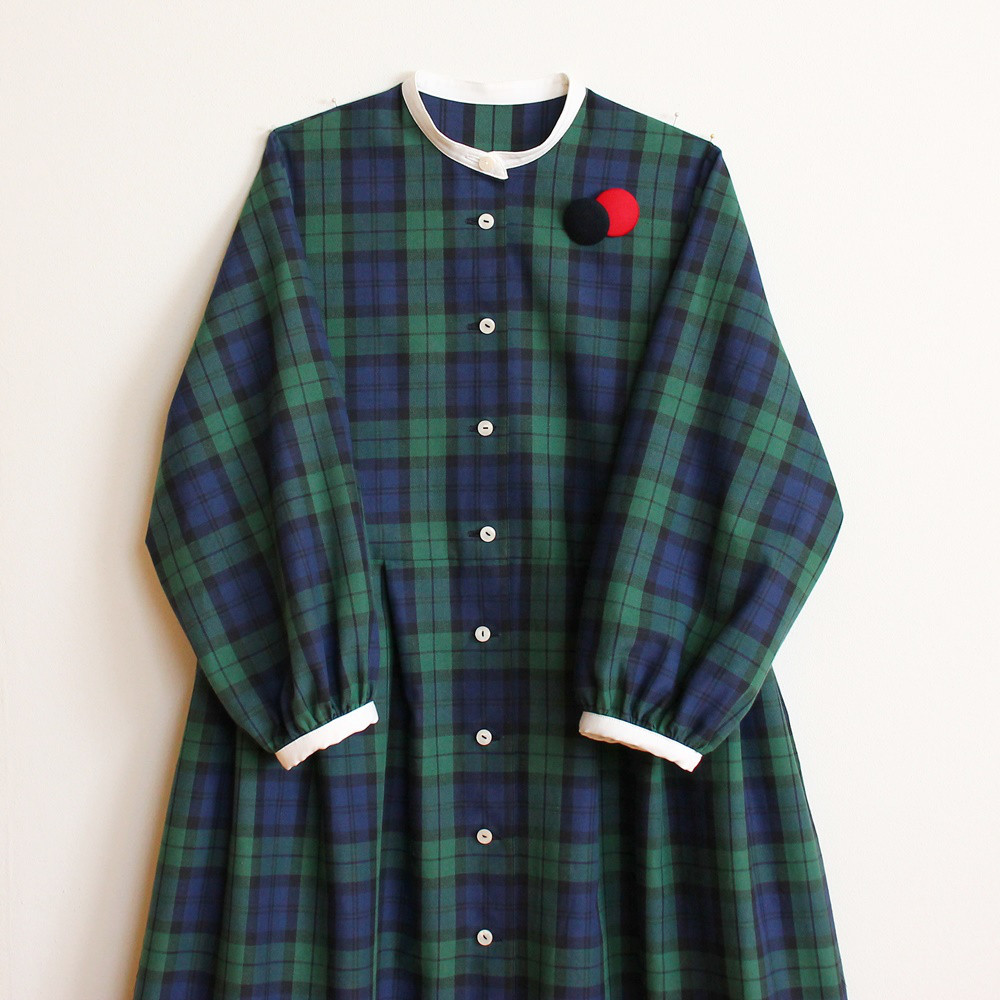 c_o_c_o_r_o　パフスリーブ・タ－タンチェック（ブラックウォッチ）バイカラーワンピース