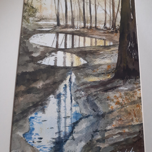 絵画「薄氷溶けて午後の陽だまり」　水彩画 ec3a529623923ceed69be04e56ddb2
