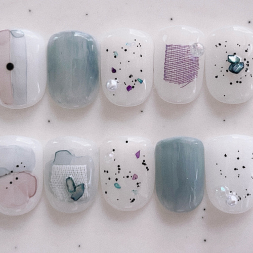 ネイルチップ シンプル 水色 アニマル 韓国 オーダーネイル フル