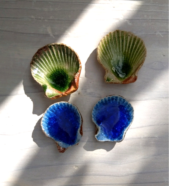 陶の豆皿　箸置き　4点セット　貝殻型　グリーンとブルー　 7枚目の画像