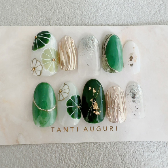 和装 緑 ネイルチップ 和風 和服 着物 和柄 菊 花 日本風 袴 付け爪  