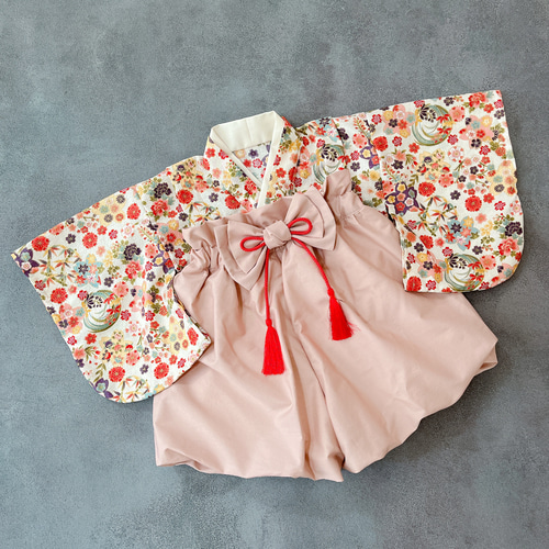 ベビー袴【即納】完成品 70~80/女の子 和柄 手毬と梅桜 ベビー服