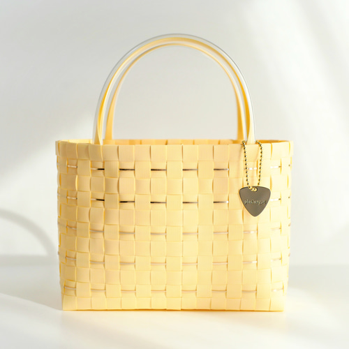 LOVERARY クリーム色 かごバッグ GOLD×クリームイエロー S プラカゴ かごバッグ キラキラ 淡い