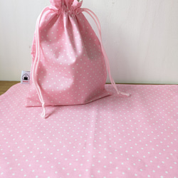 【サイズ改良】きんちゃく袋♪ランチョンマット　給食セット　ピンクドット柄 1枚目の画像