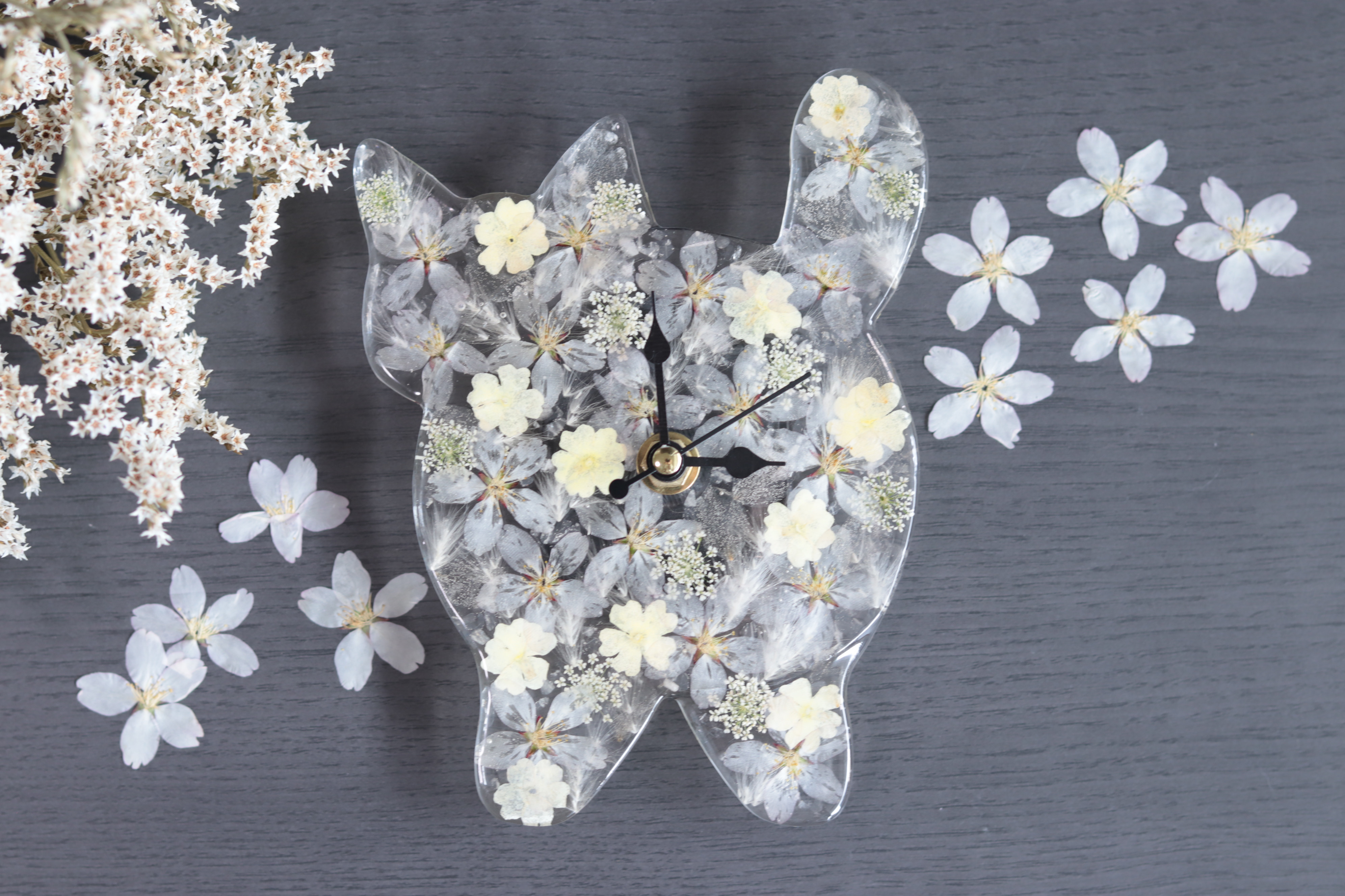小花を閉じ込めて」ぽて猫ちゃんのしっぽ時計“桜&ローズクォーツ