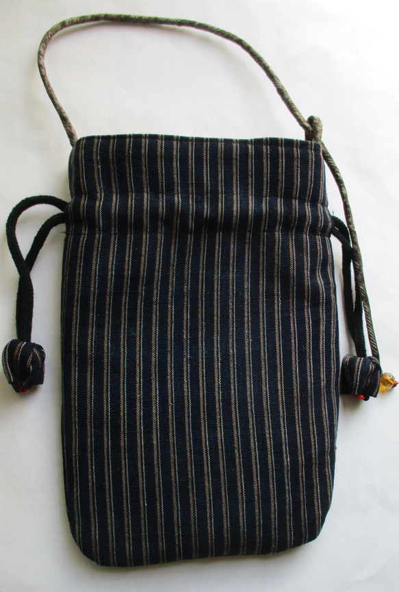 ７５９４　唐桟縞の着物で作った手提げ型の巾着袋　＃送料無料 2枚目の画像