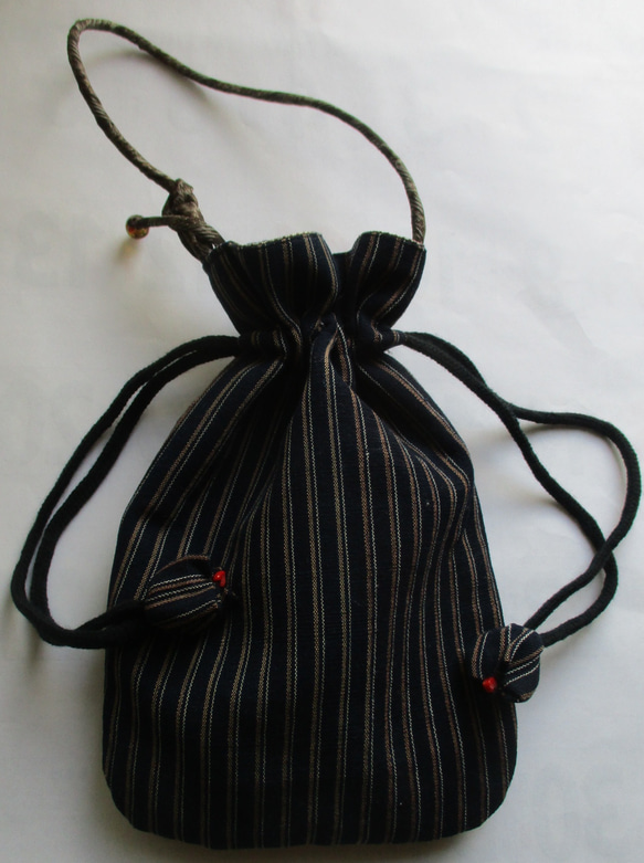 ７５９４　唐桟縞の着物で作った手提げ型の巾着袋　＃送料無料 4枚目の画像