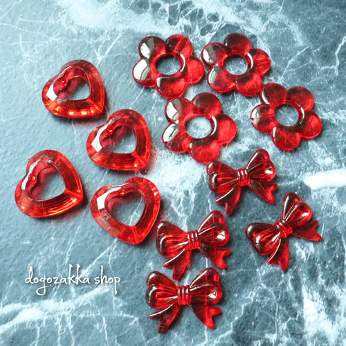 6個☆クリアレッドビーズ リボン フラワー ハート アクセサリーパーツ  