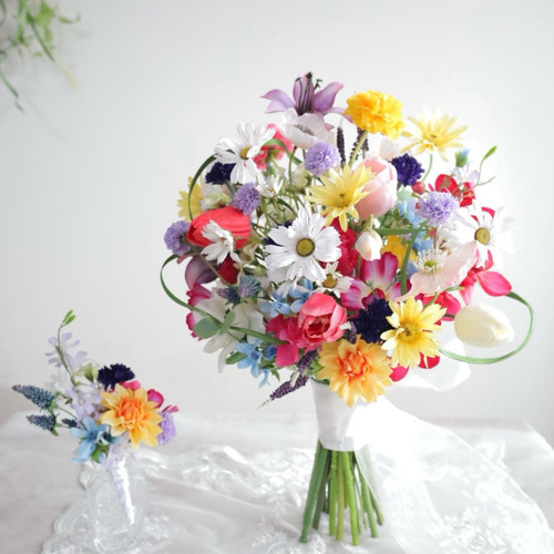 ビビッドカラフルブーケ ウェディングブーケ ブートニアセット ブーケ